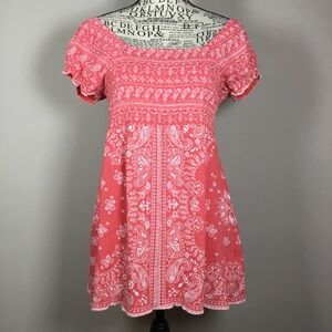 Coral and white paisley pattern long tunic top /mini dress cotton blend sz M